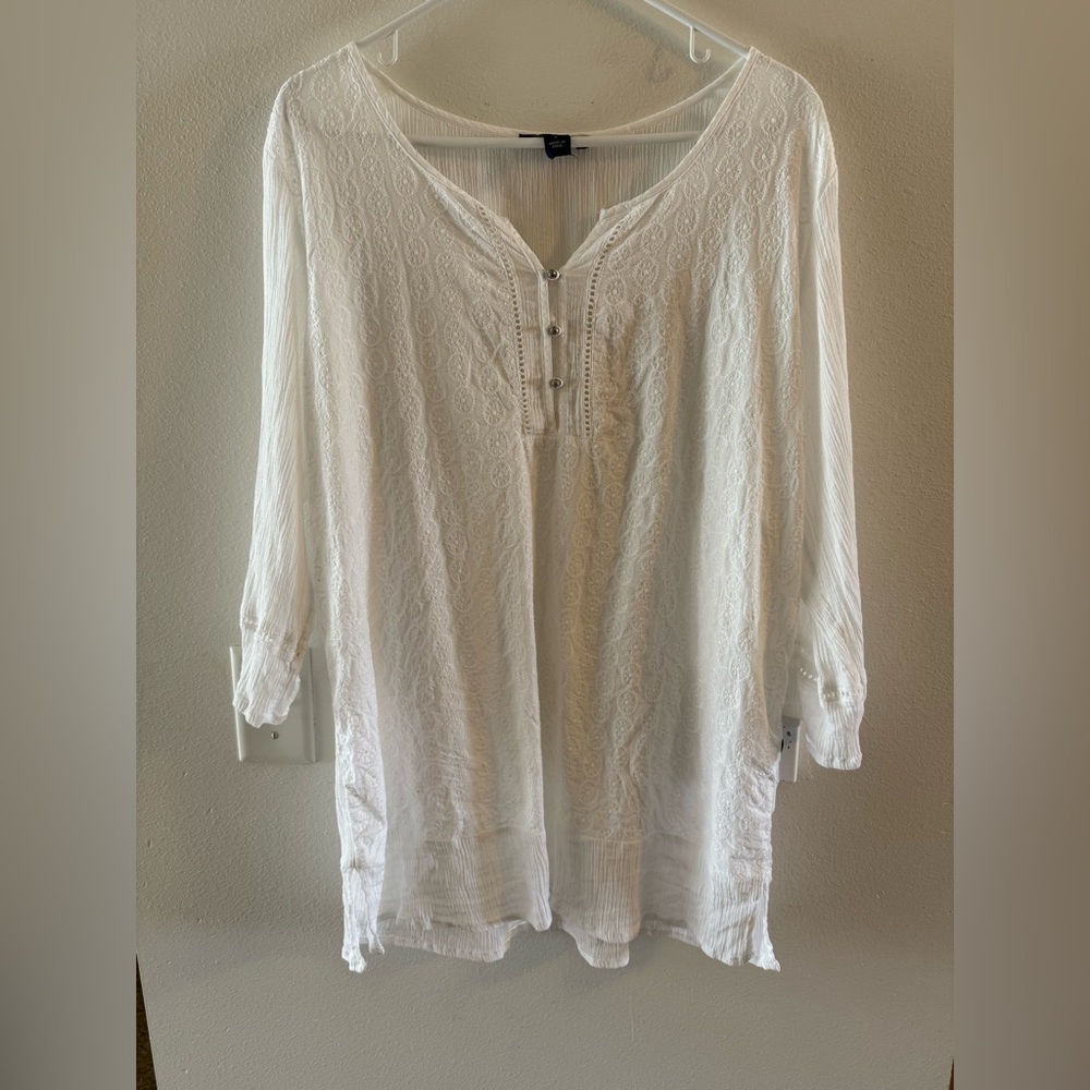 Bandolino Jeans White Linen Gauze Half Sleeve Blouse Tunic Silver Buttons